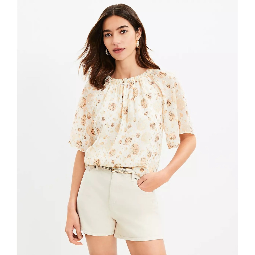 NEW Loft Shell Print Metallic Clip Open Tie Back Blouse Shirt Top Size M Summer